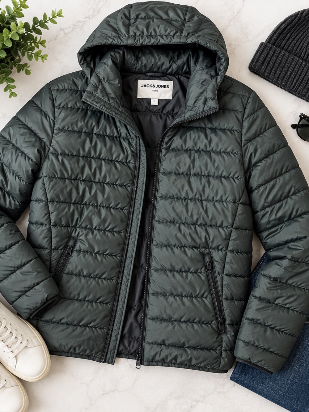 Jack & Jones Dark Green Quilted Hooded Puffer Jacket